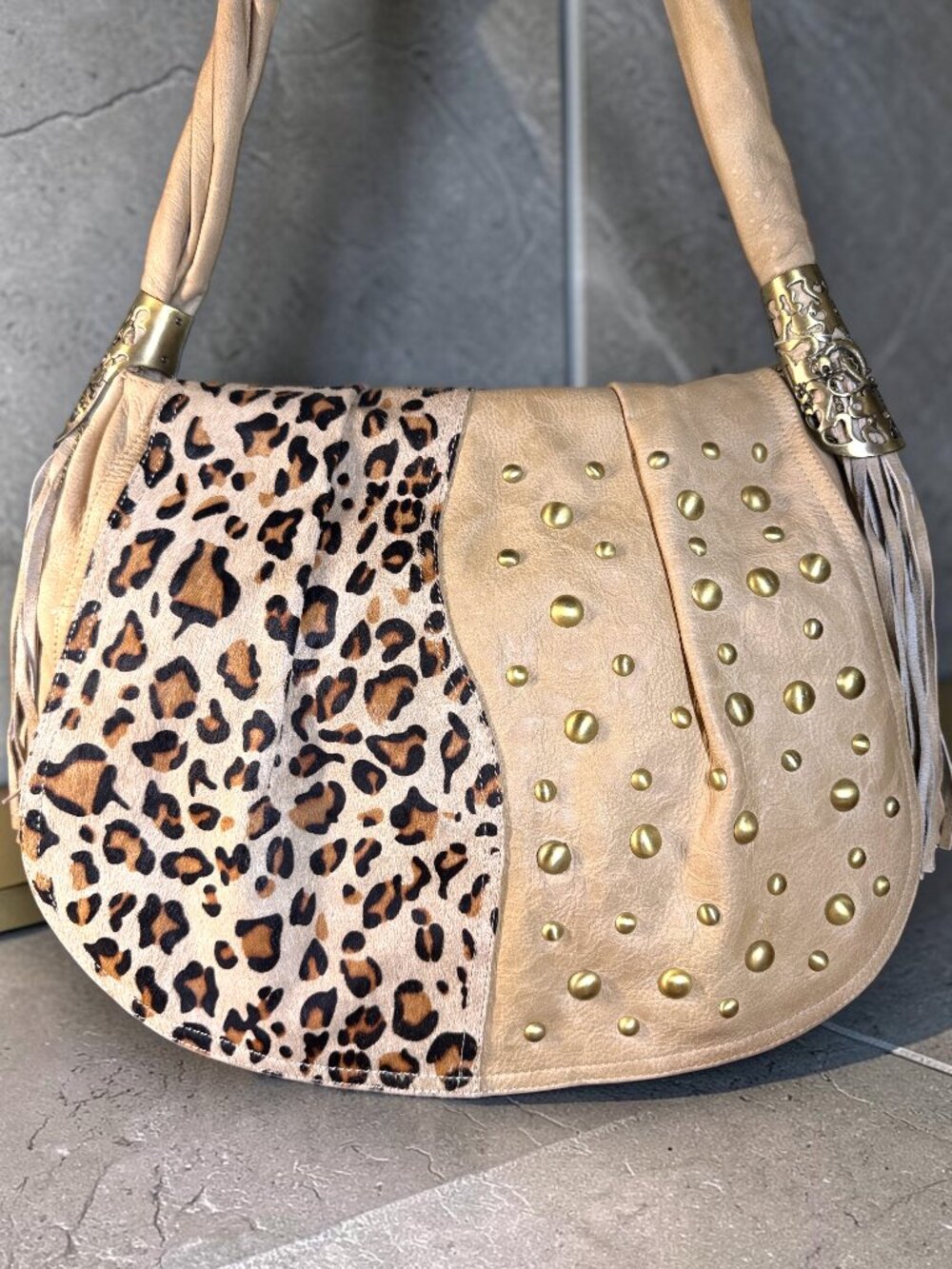 Sharif 1827 Vintage Legacy Leopard Haircalf Studded Sample Shoulder Bag NWT - Picture 2 of 15